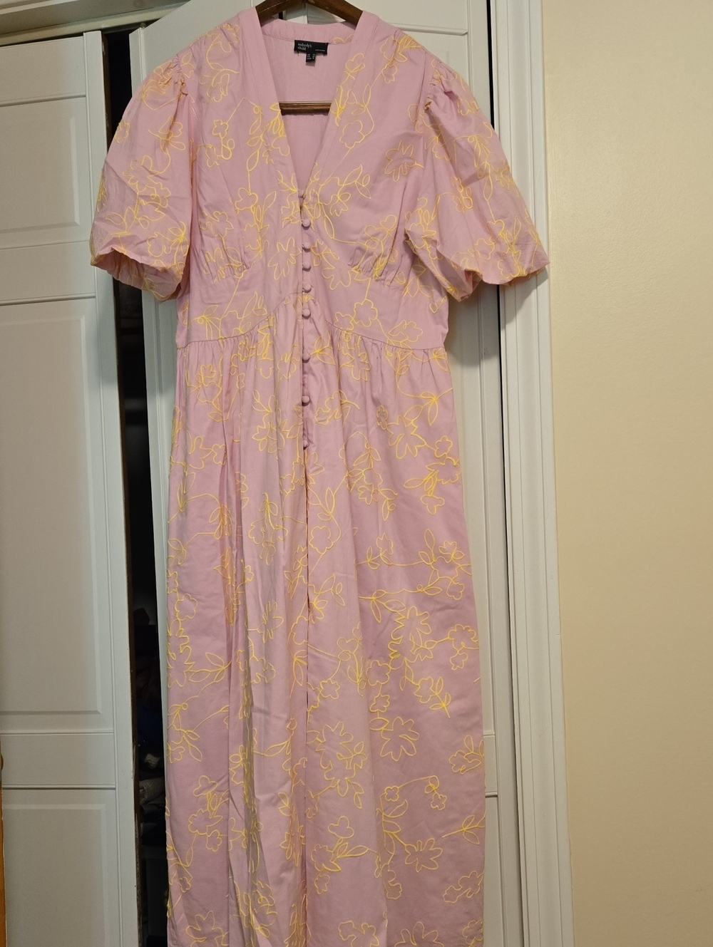 Nobody's Child Pink Floral Embroidered Maxi Dress with Button Front